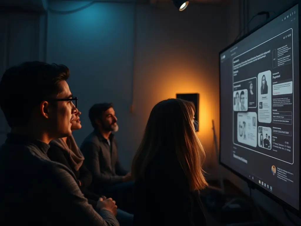 Participants engaged in a user testing session with a digital prototype in a dimly lit room.