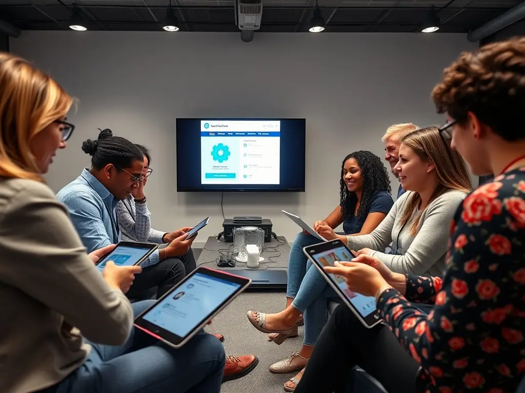 A diverse group of individuals participating in a user testing session with healthcare applications.