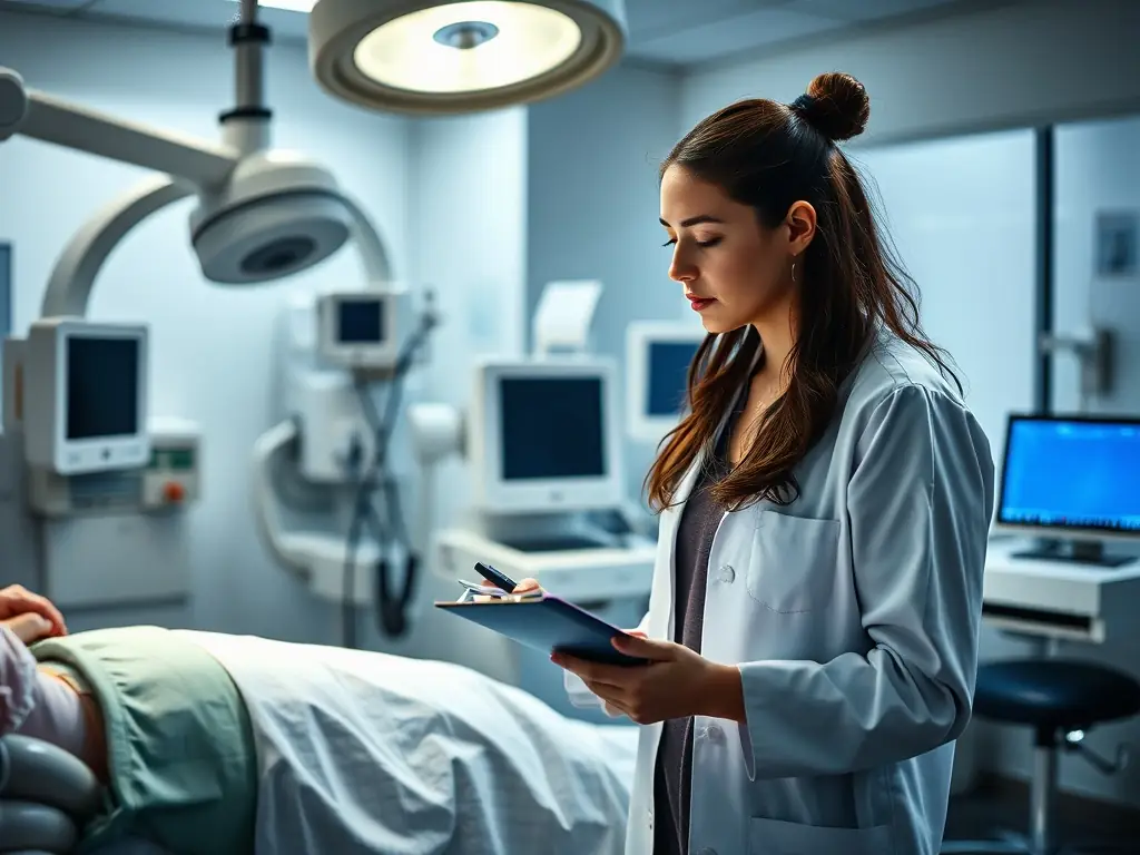 A researcher observing a patient using a medical device.
