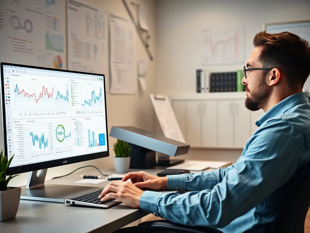 A data analyst working on a computer, analyzing datasets related to healthcare software.