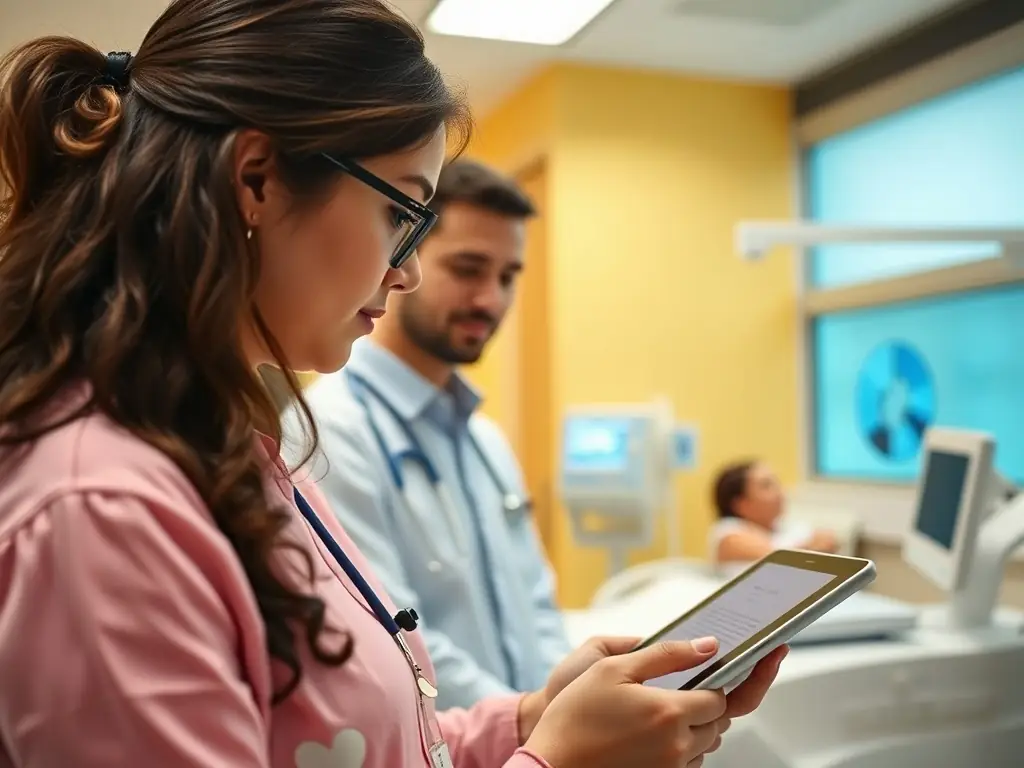 A researcher observing users in a bright healthcare setting, taking notes on a tablet.