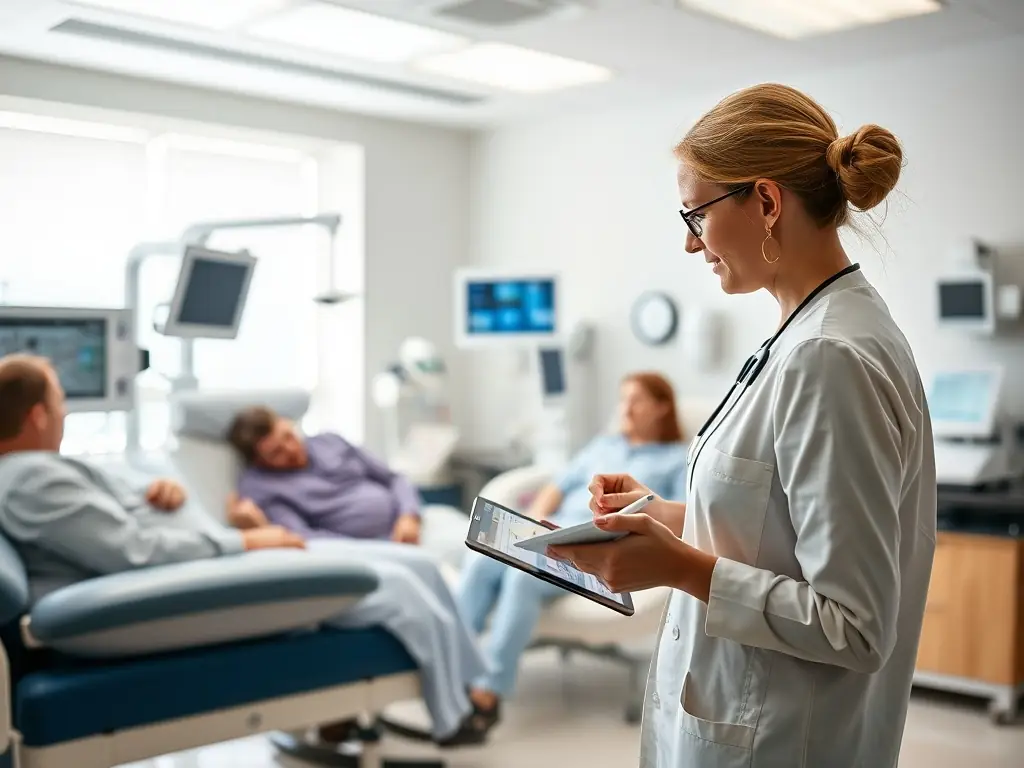 A researcher observing users in a bright healthcare setting, taking notes on a tablet.