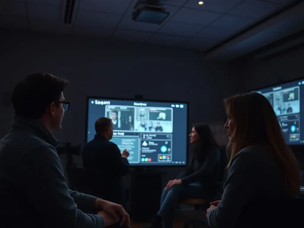 Participants engaged in a user testing session with a digital prototype in a dimly lit room.