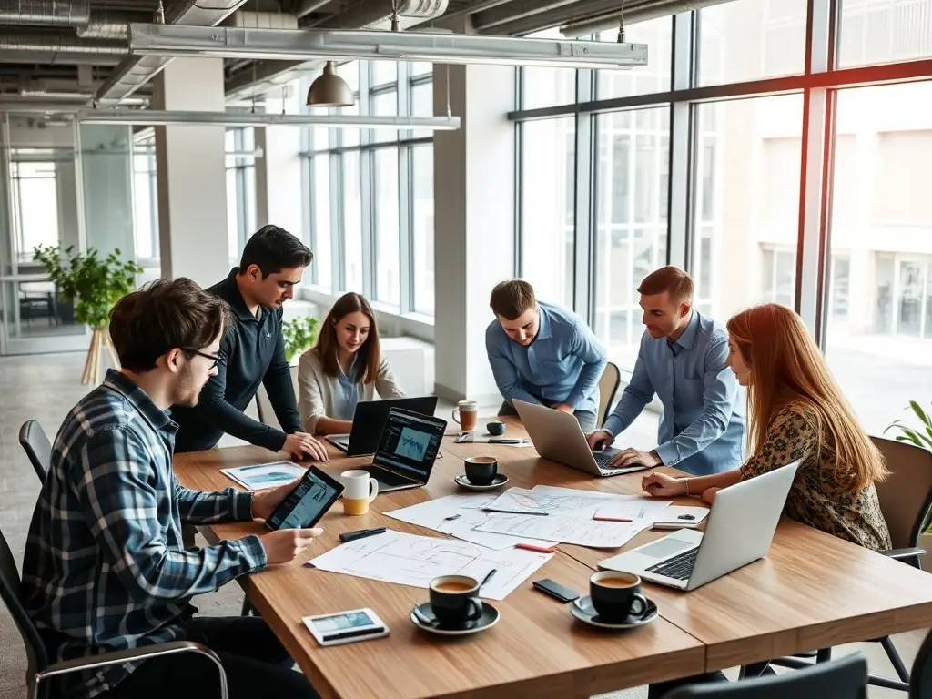 A team of UX/UI designers collaborating on a healthcare application interface in a modern office.