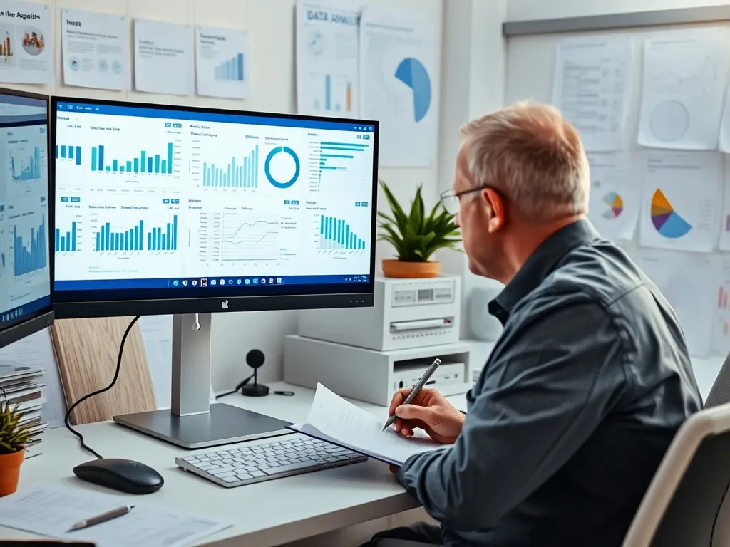 A data analyst reviewing healthcare data on a computer screen.