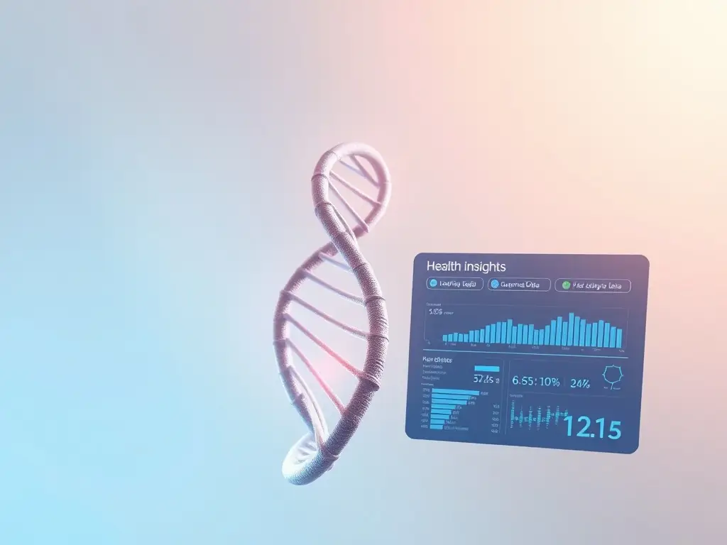 A dynamic data visualization interface showing layered health data streams, DNA-inspired patterns, and interactive analytics dashboards, all rendered in a premium, minimal scientific style.