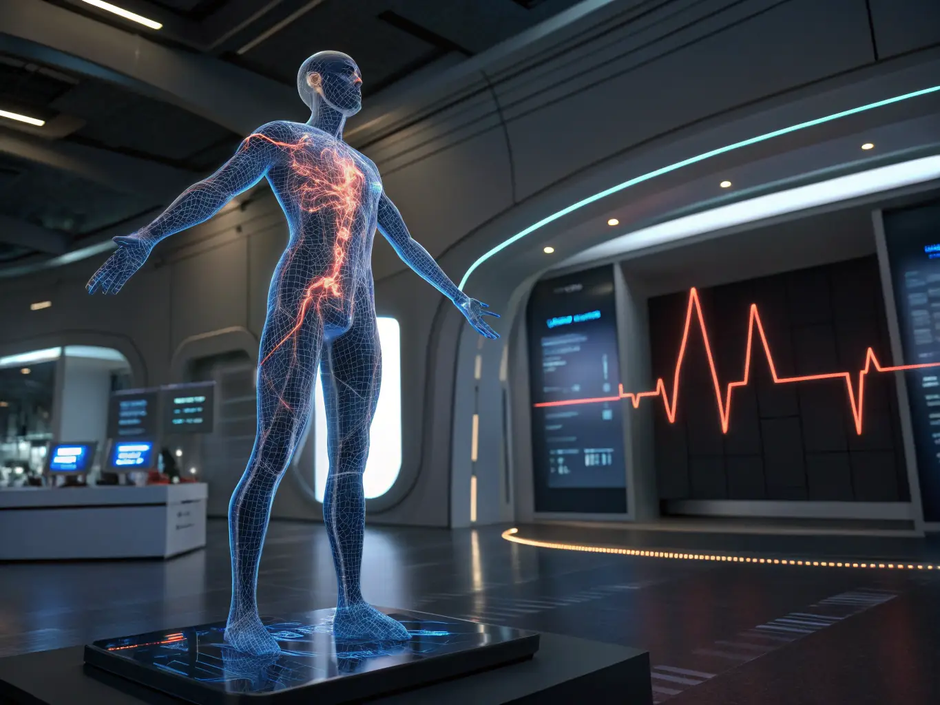 A futuristic interface showing a digital heart model with animated data streams, surrounded by family silhouettes and interconnected biosignal graphs, symbolizing cardiovascular insights and intelligent family health management.