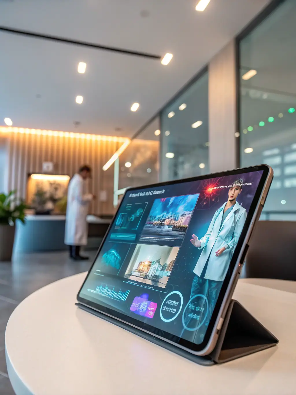 A digital tablet displaying a futuristic health dashboard, with holographic charts and biometric avatars, set against a backdrop of scientific laboratory elements.