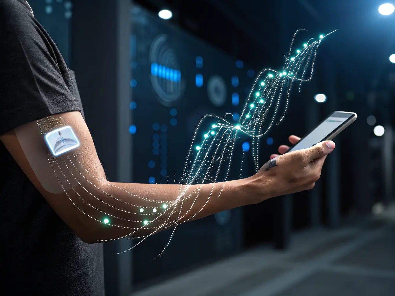 A cinematic, high-resolution visualization of a biosensor array embedded in a translucent human wrist, with glowing molecular structures and digital signal flows, set against a dark, futuristic laboratory background.