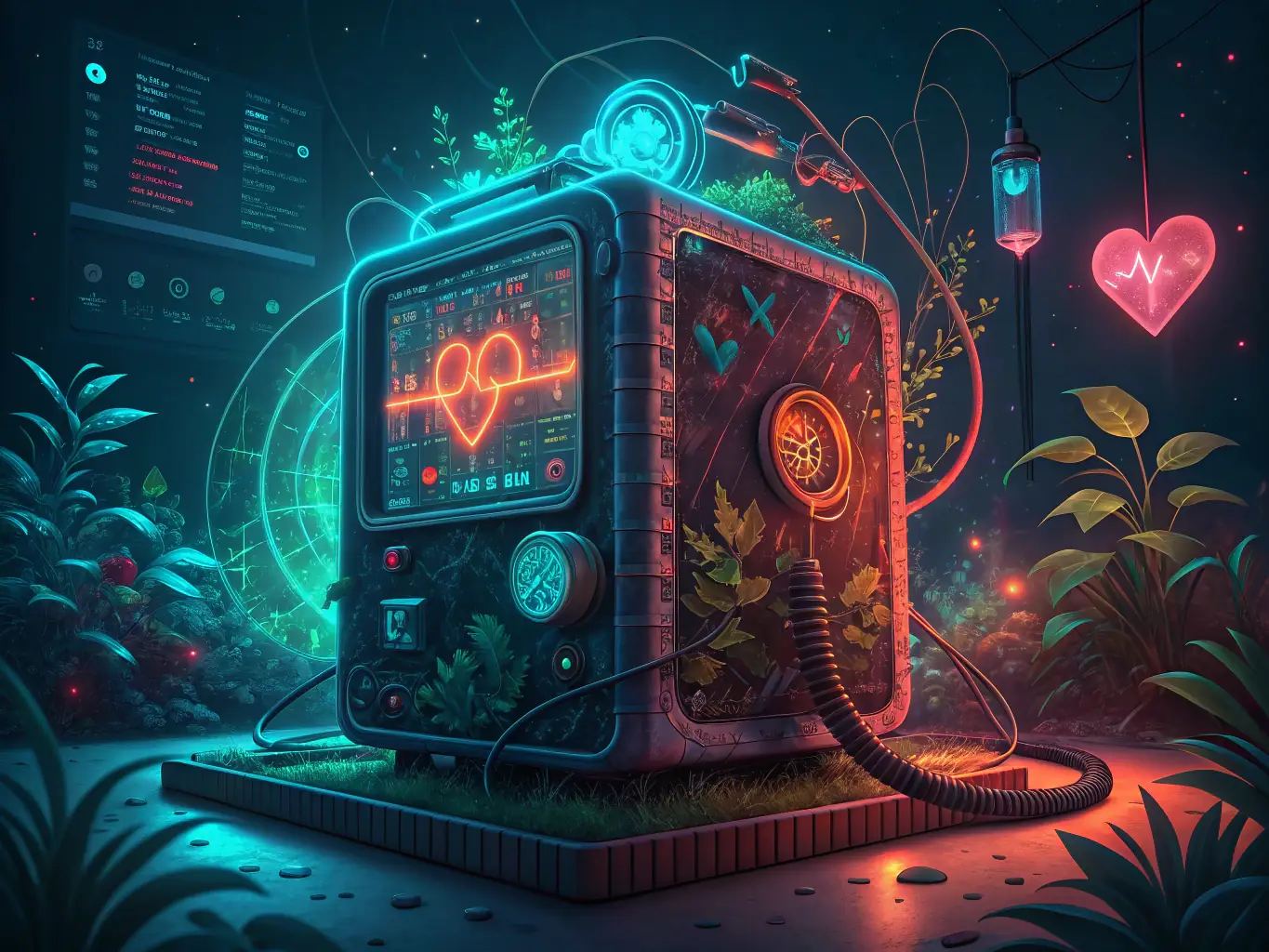 A cinematic scientific visualization of a digital human model with glowing biosignal pathways, surrounded by abstract molecular structures and neural network overlays, representing real-time wearable health monitoring in a futuristic biotech context.